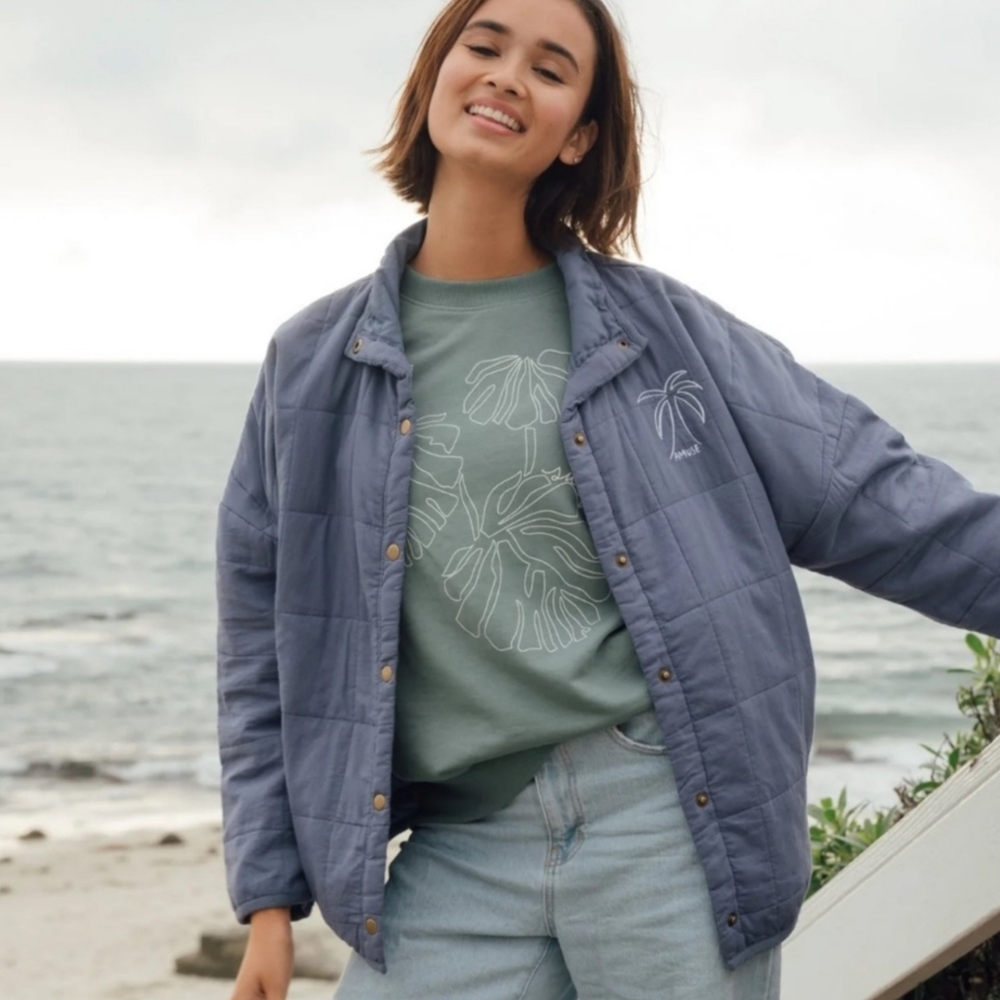 Amuse Society Sea Breeze Women's Blue Lightweight Quilted Snap Jacket Size XXL